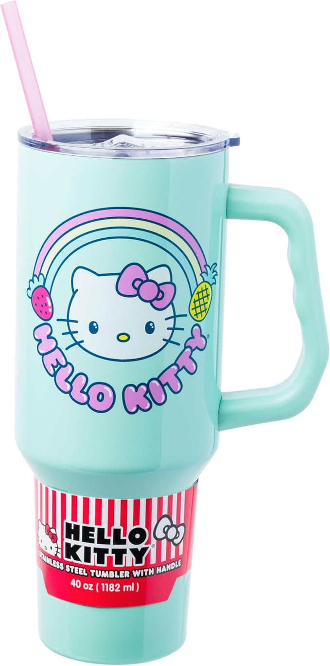 Silver Buffalo Sanrio Hello Kitty Kawaii Strawberry, Pineapple, and Rainbows Double Walled Stainless Steel Tumbler with Handle and Straw, Fits in Standard Cup Holder, 40 Ounces by SilverBuffalo