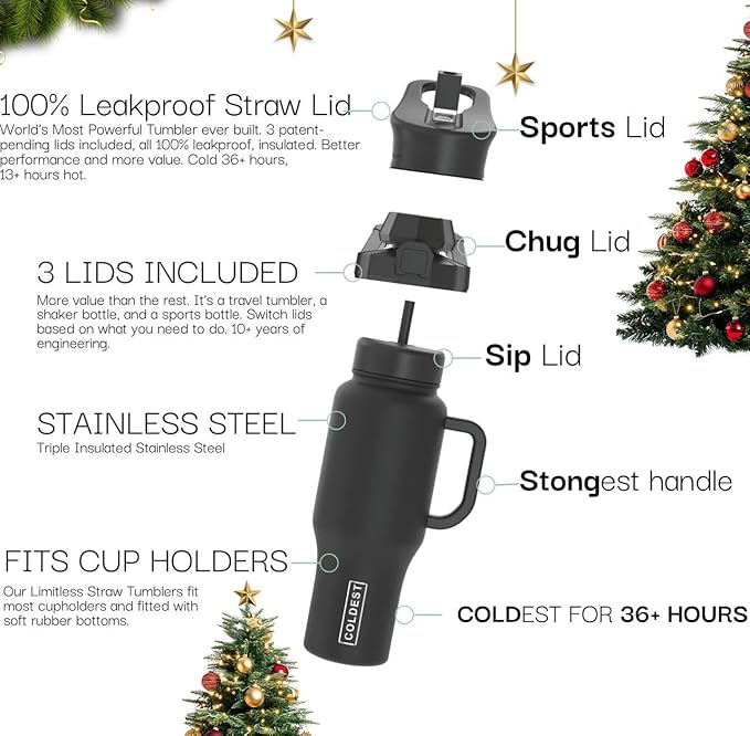 Coldest Tumbler with Handle and Straw - 100% Leak Proof Insulated Tumbler with Lid and Straw (3 Lids) - Stainless Steel Tumblers for Women & Men - Cup Holder Friendly Base, 36 oz (Greatest Show) - Image 2