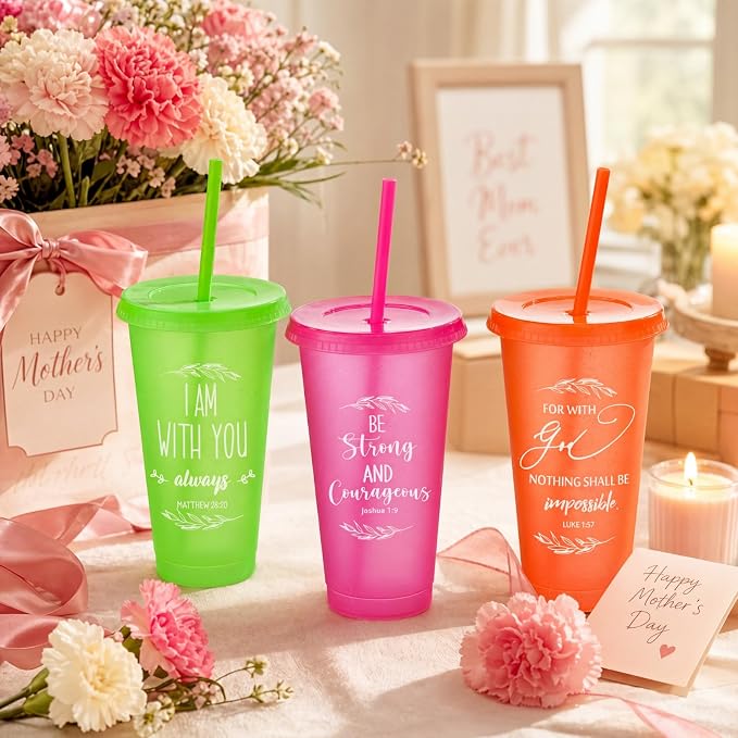 Havawish 24 Pcs Mothers Day Christian Tumbler Gift Bulk Religious Inspirational 24 oz Drinking Jesus Cup with Lid Straw Bible Verse Plastic Cup for Church Father Teacher First Communion (Colour) - Image 3