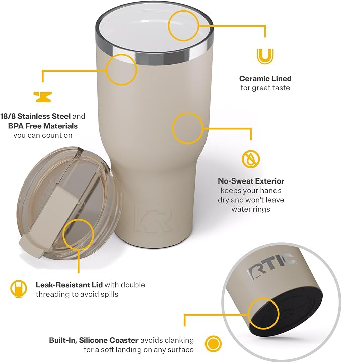 RTIC 40oz Essential Tumbler with Lid, Ceramic Lined, Insulated, Stainless Steel, Metal, Double Wall Vacuum-Insulation, Travel Cup for Iced Coffee, Tea, Hot and Cold Drink, Beach - Image 4