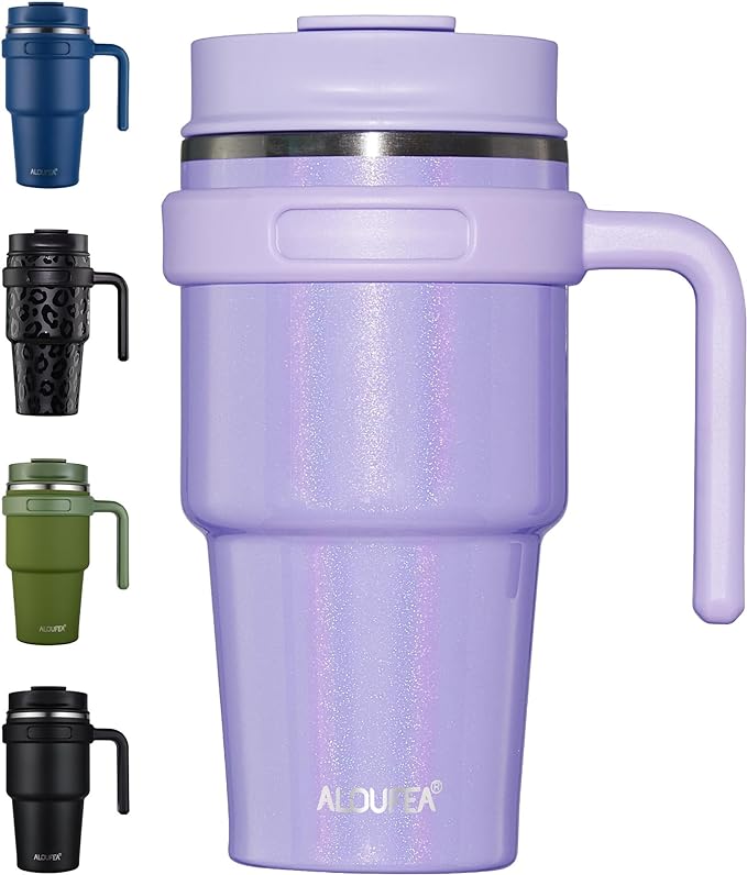 ALOUFEA 20 oz Insulated Coffee Mug Tumbler with Handle, Stainless Steel Travel Mug Tumbler with Lid and Straw, Double Wall Vacuum Leak Proof Ice Coffee Thermal Cup, Lavender Glitter by ALOUFEA