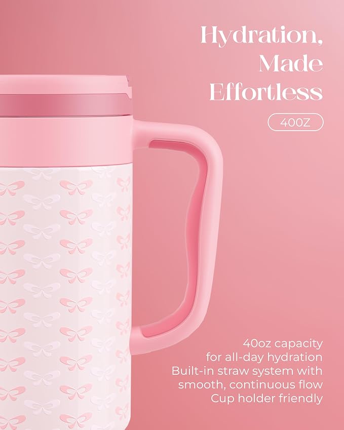 40 oz Insulated Tumbler with Handle and Push-Button Straw Lid, Stainless Steel Travel Cup for Gym Office, Leakproof, BPA-Free, Cup Holder Friendly, Bow Silicone Boot, Pink (Coquette Blush) - Image 5