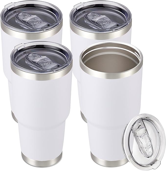 30 oz Tumbler with Lid Stainless Steel Tumblers Bulk Vacuum Insulated Cup Reusable Powder Coated Travel Mug Double Wall Leak Proof Cups Keep Cold Drinks for 12 Hours White, Set of 4 by CoolYoleb