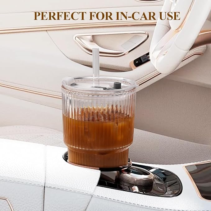 20 oz Glass Tumblers, Iced Coffee Cups with Lids and Glass Straws, Thickened Wall Ribbed Glass Cups, Ideal for Smoothies, Cocktails, and Juices – Vintage and Durable Drinkware – 1 Pack - Image 5