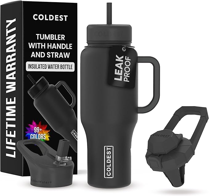 Coldest Tumbler with Handle and Straw - 100% Leak Proof Insulated Tumbler with Lid and Straw (3 Lids) - Stainless Steel Tumblers for Women & Men - Cup Holder Friendly Base, 36 oz (Stealth Black) by Coldest
