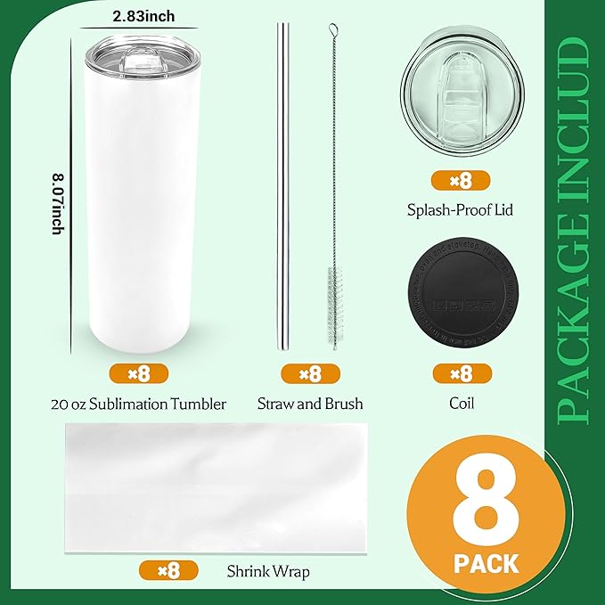 Joyclub 8 Pack Sublimation Tumblers Glow in the Dark 20 oz Bulk Blank Tumblers Skinny Straight Flat Bottom Cups White with Lid and Straw - Image 4