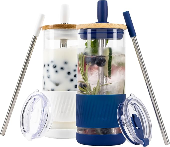 Pandaloo® Glass Cups With Lids and Straws -20 Fl Oz- Perfect Size Iced Coffee Cup - Smoothie Cup With Bamboo Lid and On the go Lid - Glass Tumbler (2 Count (Pack of 1), Galactic Blue-Coton White) by Pandaloo