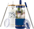 Pandaloo® Glass Cups With Lids and Straws -20 Fl Oz- Perfect Size Iced Coffee Cup - Smoothie Cup With Bamboo Lid and On the go Lid - Glass Tumbler (2 Count (Pack of 1), Galactic Blue-Coton White) by Pandaloo