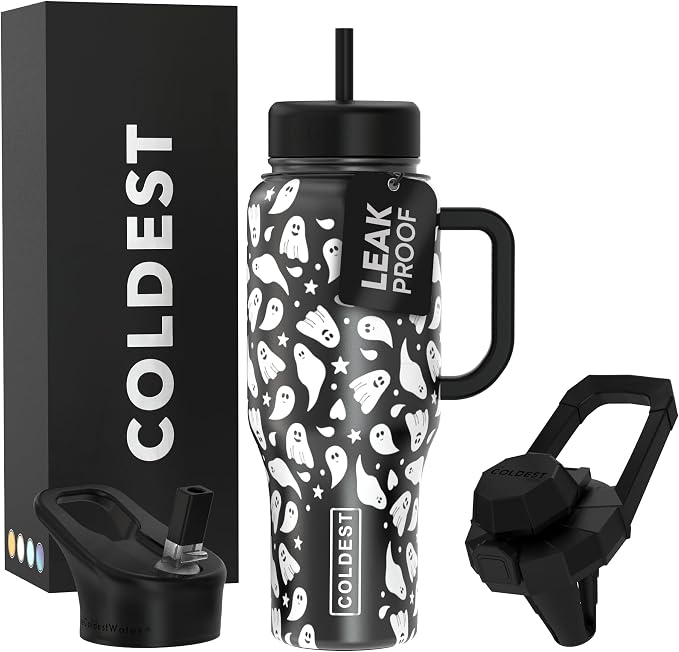 Coldest Tumbler with Handle and Straw - 100% Leak Proof Insulated Tumbler with Lid and Straw (3 Lids) - Stainless Steel Tumblers for Women & Men - Cup Holder Friendly Base, 36 oz (Ghosts) by Coldest