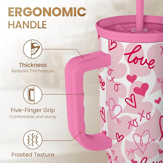 SANDJEST Heart Tumbler with Handle 40oz, Valentines Stainless Steel Insulated Tumblers Coffee Travel Cup with Straw Lid, Gifts for Women Girl - Image 3