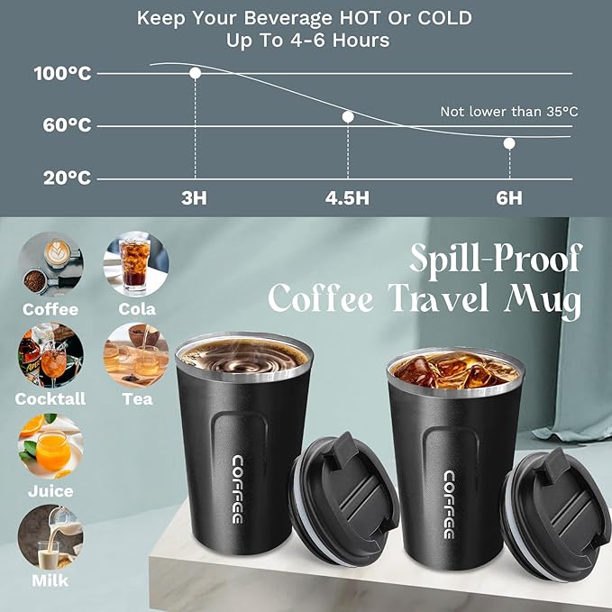 YINBAOGE Insulated Travel Coffee Mug, Spill & Leak Proof, Portable To Go Camping Stainless Steel Coffee Tumbler, Reusable Thermal Coffee Cup with Lid for Hot & Cold Drinks (2nd-Black, 17 OZ) - Image 2