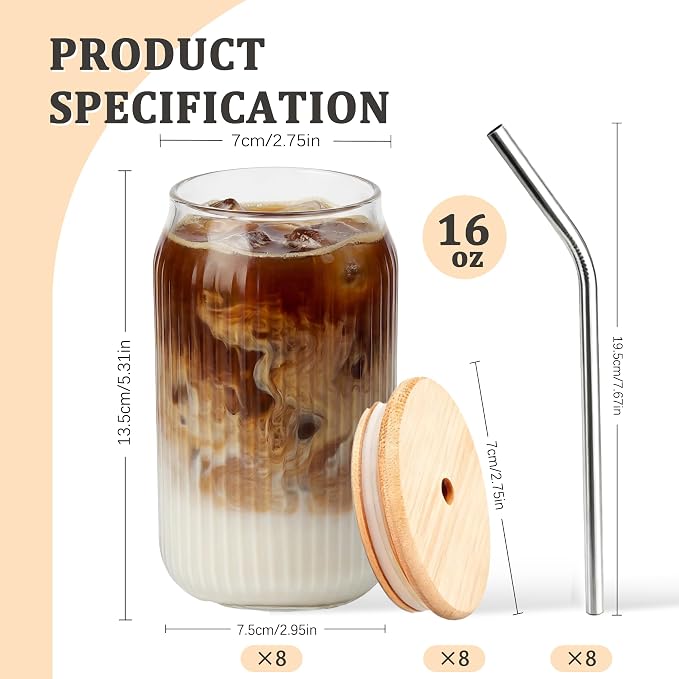 8 Packs Ribbed Glass Tumbler with Lid and Straw Ice Coffee Cup Kitchen Gadgets 16 oz Apartment Essentials New Home Must Haves Things Stuff Accessories House Warming Housewarming Hostess Host Gift - Image 2