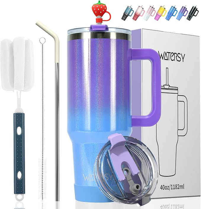 30 oz Shiny Tumbler with Handle and Straw,Stainless Steel Tumbler with Lid and Straw,Insulated Travel Mug(Cold for 34 Hours),Water Bottle for Iced Tea,Coffee (Purple) by Watersy