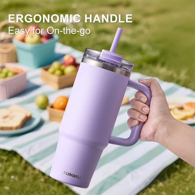 SUNWILL Coffee Tumbler with Handle, 30 oz Travel Mug with Lid and Straw Insulated, Stainless Steel Cup Leak Proof for Travel & Outdoor, Cupholder Friendly, Powder Coated Orchid - Image 5