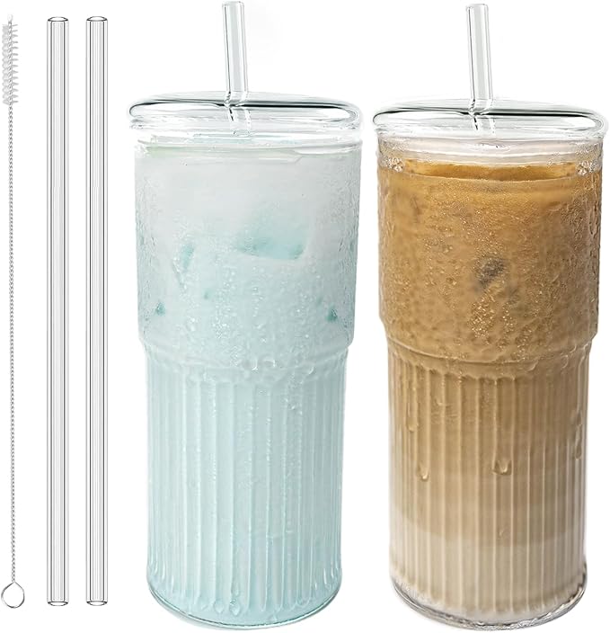 Luiaiog Glass Cups with Lids and Glass Straws, High Borosilicate 20OZ Tumblers (2Pcs) for Coffee, Tea, Juice, Smoothies, Hot/Cold Drinks at Home, Office（Christmas Creative Drink Label Design） by Luiaiog