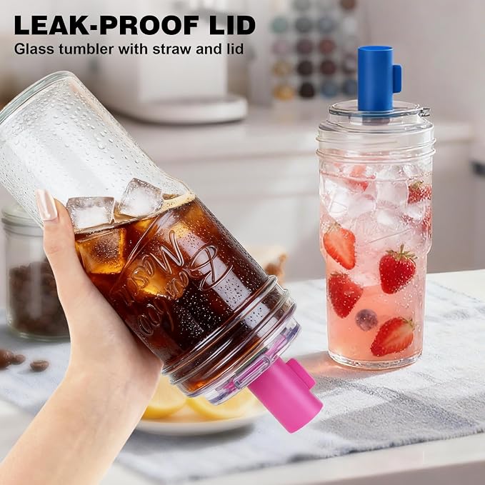 ANOTION 2pc Glass Tumbler with Lids and Straws, Leakproof 24oz Mason Jar Cups, Cap Cup Leak-Proof, Self-Assembly Silicone Straw, Reusable Iced Coffee Smoothie Matcha Cup Aesthetic Coffee Gifts Women - Image 7