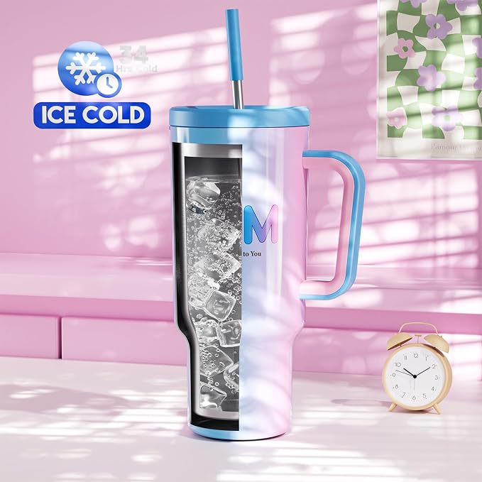 Meoky 40 oz Tumbler with Handle and Straw: Stainless Steel Insulated Tumbler with Lid and Straw - 100% Leak Proof Tumbler for Car Cup Holders - Travelers Commuters Workers, Donut - Image 2
