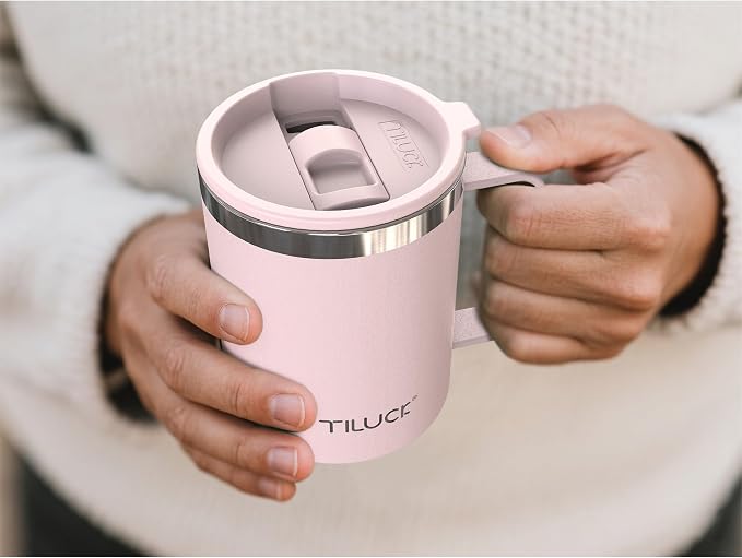 TILUCK 12 oz Insulated Coffee Mug with Lid, Double Wall Vacuum Insulated Travel Mug Cup with Handle for Hot or Cold Drinks（12oz，Matte LightPink） - Image 4