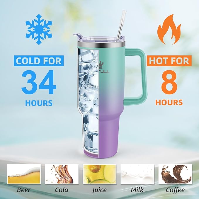 40 oz Tumbler with Handle and Straw Lid, 100% Leak-proof Travel Coffee Mug, Stainless Steel Insulated Cup for Hot Cold Beverages, Keeps Cold for 34Hrs or Hot for 10Hrs, Dishwasher Safe (GreenPurple) - Image 4