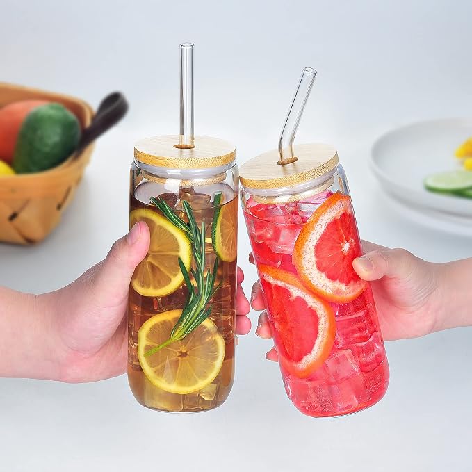 SENTVEND 20 Oz Drinking Glasses with Bamboo Lids and Glass Straw - 6 Pcs Glass Cups Beer Ice Coffee Glasses Cute Aesthetic Cup Great for Coffee Bar Accessories Include 2 Cleaning Brushes - Image 4