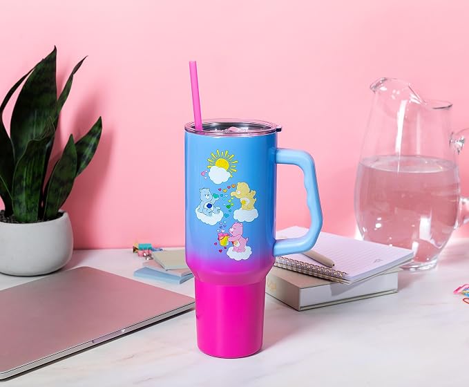 Silver Buffalo Care Bears Featuring Grumpy Bear, Funshine, and Love-A-Lot Bear Heart Showers Ombre Double Walled Stainless Steel Tumbler with Handle and Straw, Fits in Standard Cup Holder, 40 Ounces - Image 4