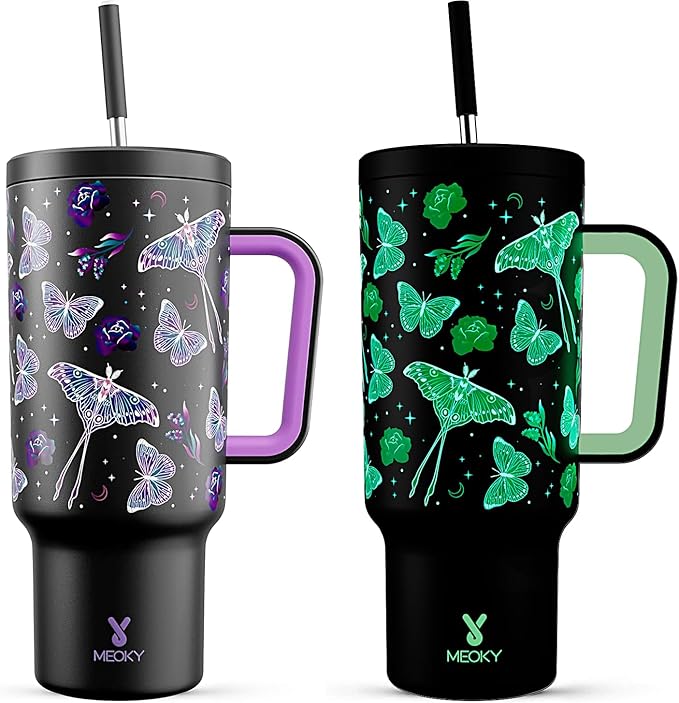 Meoky 40 oz Glow in the Dark Tumbler with Handle and Straw, Tumbler with Lid and Straw, Insulated Stainless Steel Travel Mug, 100% Leak-proof, Keeps Cold for 34 Hours (Butterfly) by MEOKY