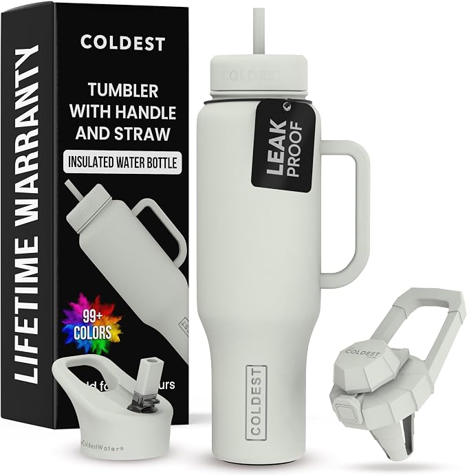 Coldest Tumbler with Handle and Straw - 100% Leak Proof Insulated Tumbler with Lid and Straw (3 Lids) - Stainless Steel Tumblers for Women & Men - Cup Holder Friendly Base, 46 oz (Margarita) by Coldest
