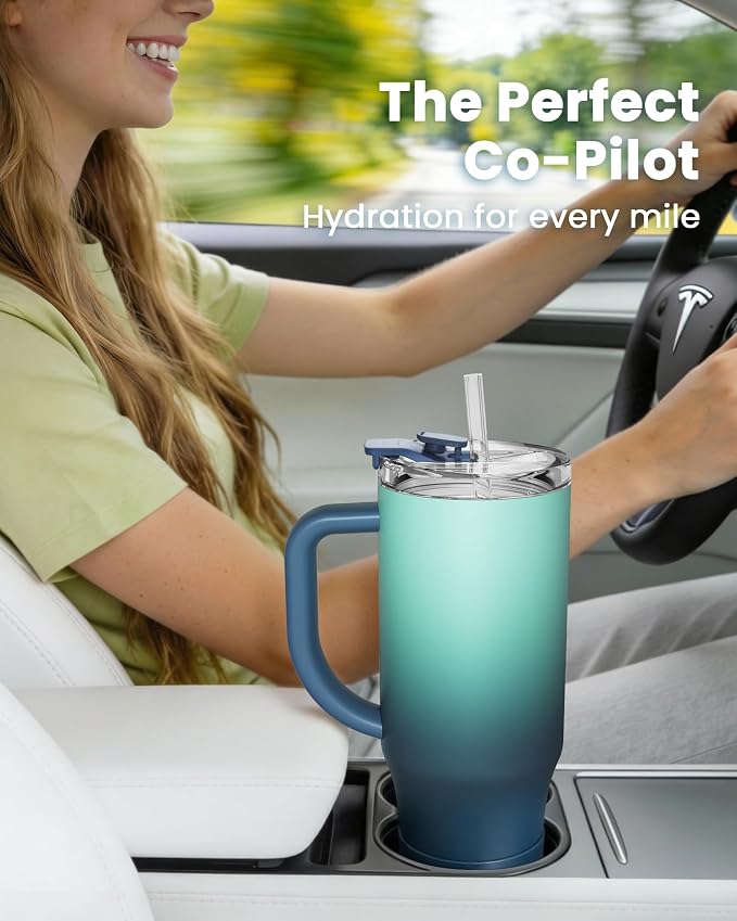 Renoj Insulated Mug 100% Leak Proof Insulated Water Bottle for Iced Coffee & Hot Drinks - Fits Car Cup Holder, Ideal Gift, 2 Straws & Silicone Boot - SnapShift Blue 40 oz - Image 2