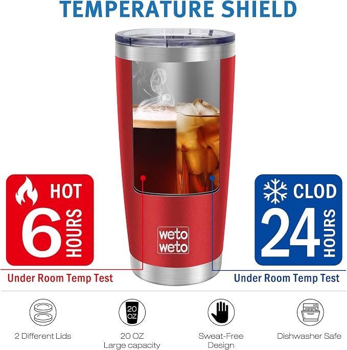 WETOWETO 20oz Tumbler with 2 lids and 2 straws, Stainless Steel Vacuum Insulated Water Coffee Tumbler Cup, Double Wall Powder Coated Leak-proof Travel Mug (Red, 1 Pack) - Image 6