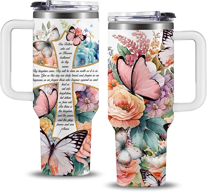 Christian Gifts for Women, 40 oz Christian Tumbler with Handle, Christian Birthday Gifts for Women, Religious Gift for Flower Butterfly Lords Prayer Cross Christian Cup by NIAXAUYT