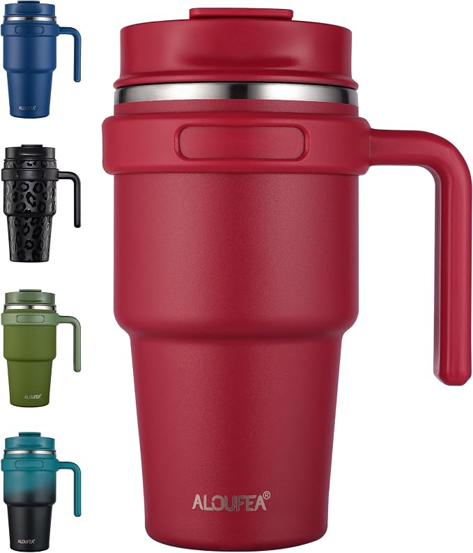 ALOUFEA 20 oz Insulated Coffee Mug Tumbler with Handle, Stainless Steel Travel Mug Tumbler with Lid and Straw,Double Wall Vacuum Leak Proof Ice Coffee Thermal Cup, Red by ALOUFEA