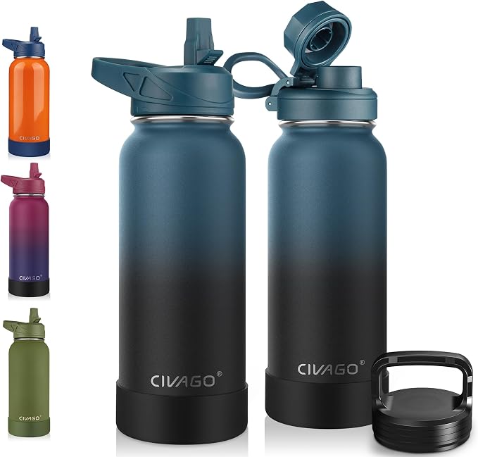 CIVAGO 32 oz Insulated Water Bottle With Straw, Stainless Steel Sports Water Cup Flask with 3 Lids (Straw, Spout and Handle Lid), Wide Mouth Travel Thermal Mug, Indigo Black by CIVAGO