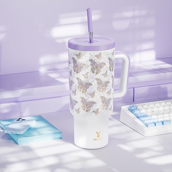 Meoky 40 oz Tumbler with Handle and Straw: Stainless Steel Insulated Tumbler with Lid and Straw - 100% Leak Proof Tumbler for Car Cup Holders - Travelers Commuters Workers, Gold Butterfly - Image 7