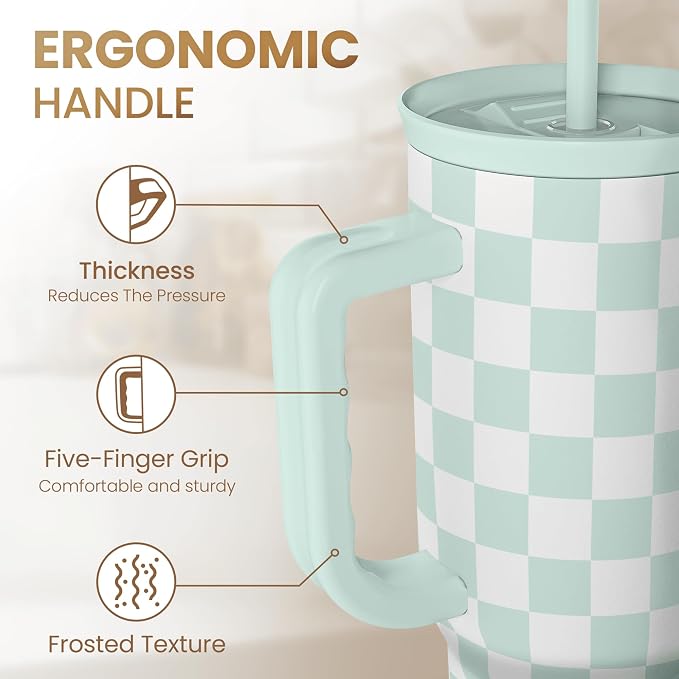 Checkered Tumbler with Handle 40oz, Mint Checker Cup Stainless Steel Insulated Tumblers Coffee Travel Mug Cups with Straw, Gifts for Women Girls Teen Birthday Christmas - Image 3