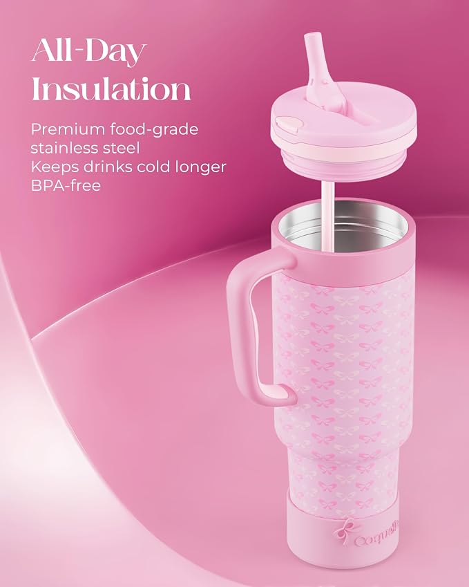 40 oz Insulated Tumbler with Handle and Push-Button Straw Lid, Stainless Steel Travel Cup for Gym Office, Leakproof, BPA-Free, Cup Holder Friendly, Bow Silicone Boot, Pink (Coquette Candy) - Image 4