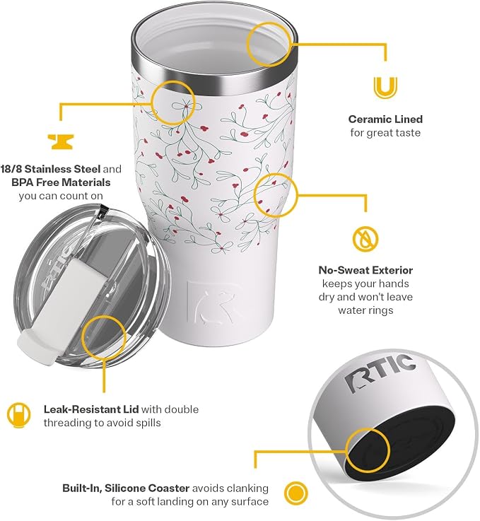 RTIC 30oz Essential Tumbler with Lid, Ceramic Lined, Insulated, Stainless Steel, Metal, Double Wall Vacuum-Insulation, Travel Cup for Iced Coffee, Tea, Hot and Cold Drink, Mistletoe - Image 4