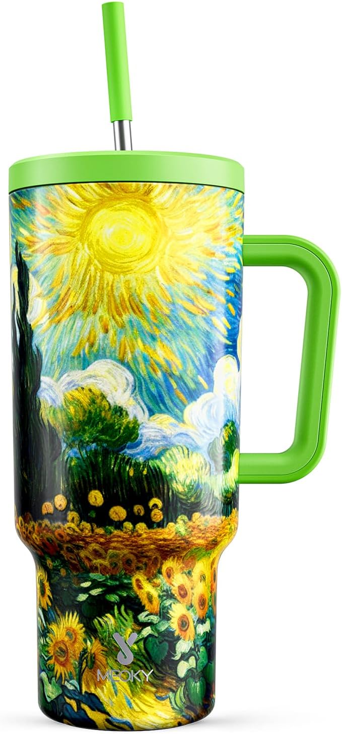 Meoky 40 oz Tumbler with Handle and Straw: Stainless Steel Insulated Tumbler with Lid and Straw - 100% Leak Proof Tumbler for Car Cup Holders - Travelers Commuters Workers, Sunflower by MEOKY