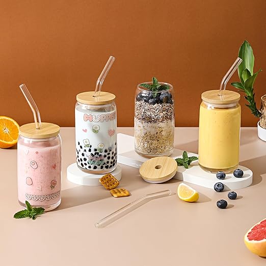 VITEVER [ 20pcs Set ] Glass Cups with Bamboo Lids and Glass Straw - Beer Shaped 16 oz Iced Coffee Drinking Glasses, Cute Tumbler Cup for Smoothie, Boba Tea, Whiskey, Water - Image 3