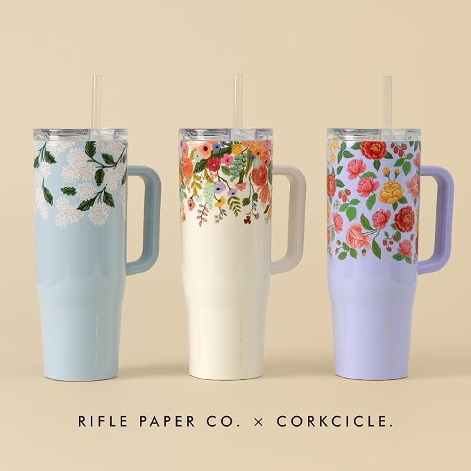 Corkcicle x Rifle Paper Co. Cruiser Insulated Tumbler with Handle & Straw - Keeps Drinks Cold 20 Hours - BPA-Free - 40 oz - Gift for Mom - Great for Mother's Day or Christmas - Gloss Blue Hydrangea - Image 8