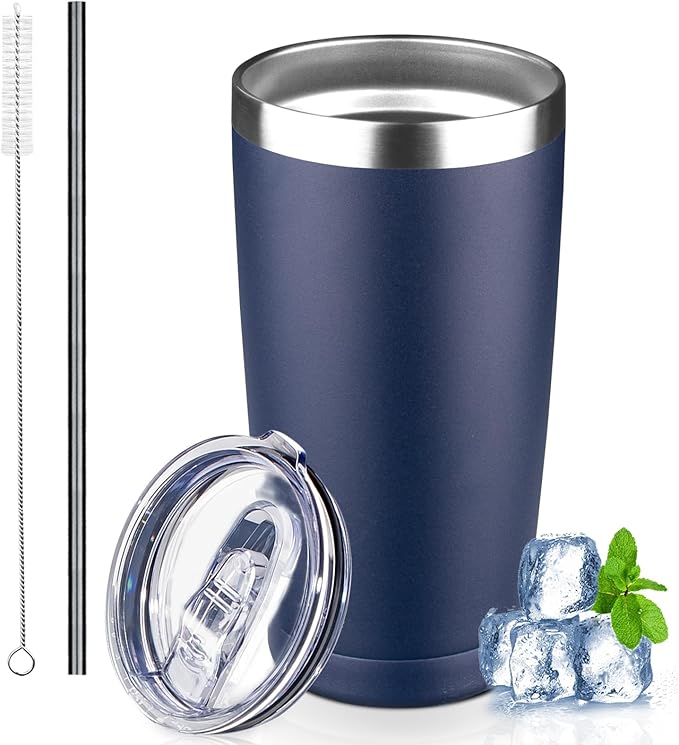 20 oz Tumbler with Lids and Straws, Stainless Steel Insulated Coffee Tumbler, Double Wall Vacuum Insulated Travel Mug Cup, Leakproof Thermal Coffee Cup for Hot and Cold Drinks (navy blue) by GUDEMAO