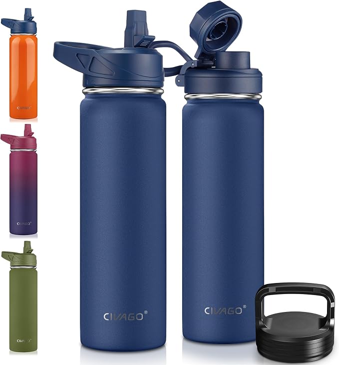 CIVAGO 22 oz Insulated Water Bottle With Straw, Stainless Steel Sports Water Flask Cup with 3 Lids (Straw, Portable Spout and Handle Lid), Double Walled Travel Thermal Canteen Mug, Navy Blue by CIVAGO