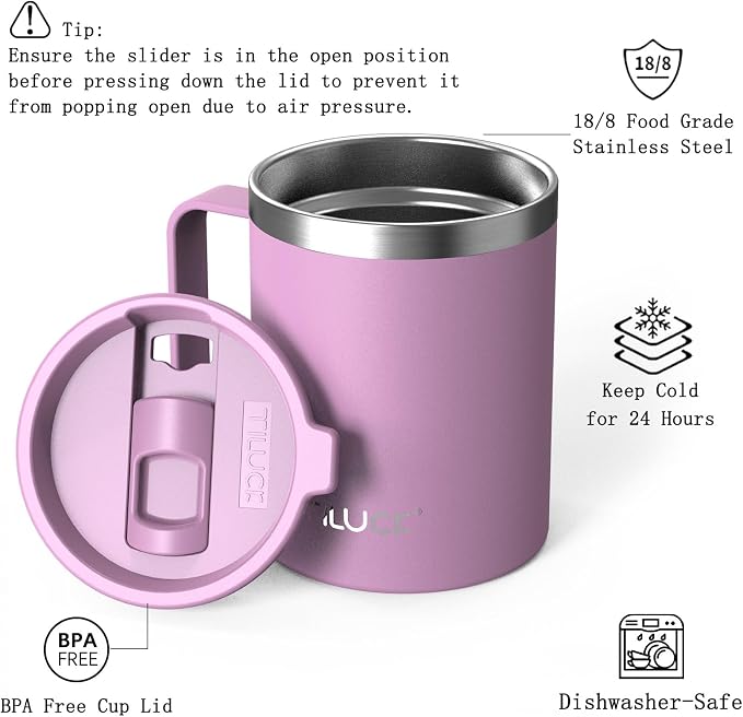 TILUCK 12 oz Insulated Coffee Mug with Lid, Double Wall Vacuum Insulated Travel Mug Cup with Handle for Hot or Cold Drinks（12oz，Matte Lilac） - Image 2