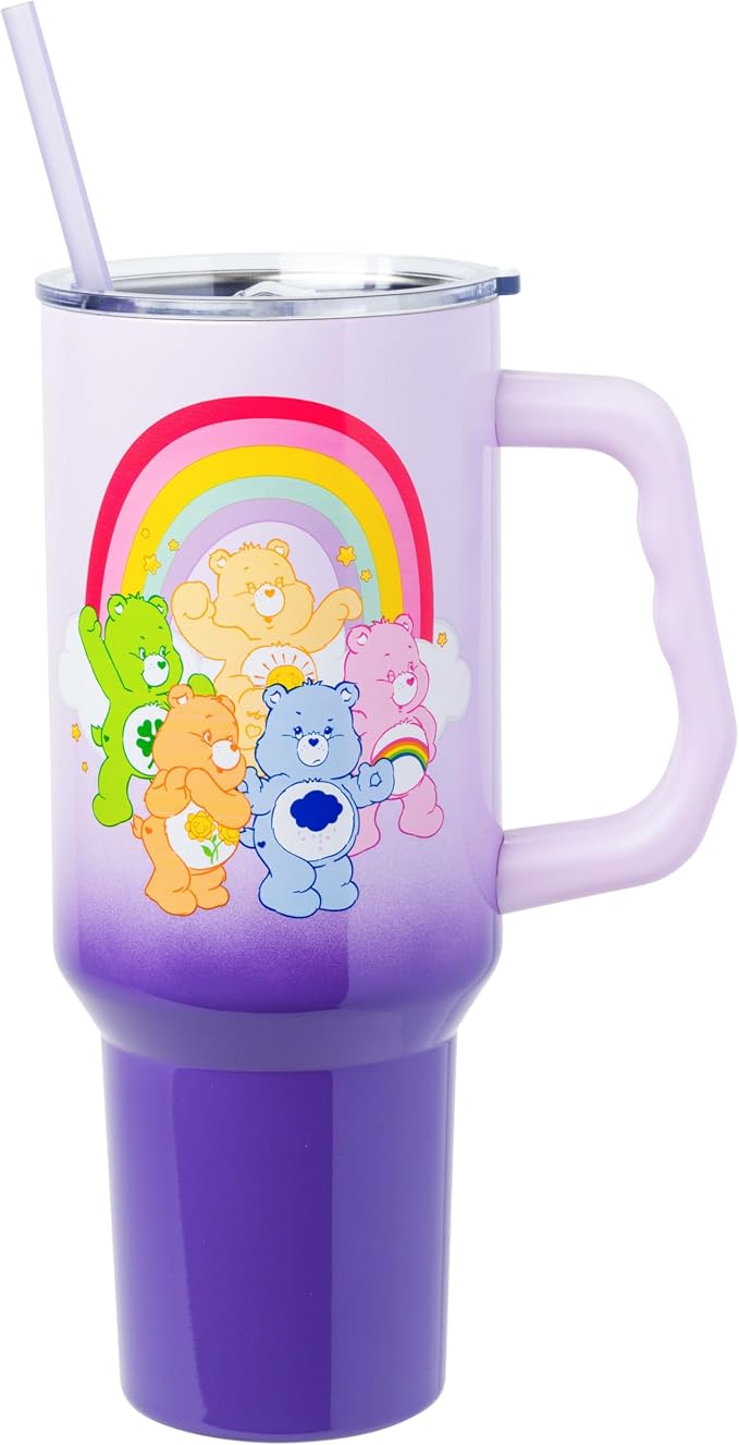 Silver Buffalo Care Bears Rainbow Featuring Funshine, Cheer, Grumpy, Friend, and Good Luck Bear Double Walled Stainless Steel Tumbler with Handle and Straw, Fits in Standard Cup Holder, 40 Ounces by SilverBuffalo