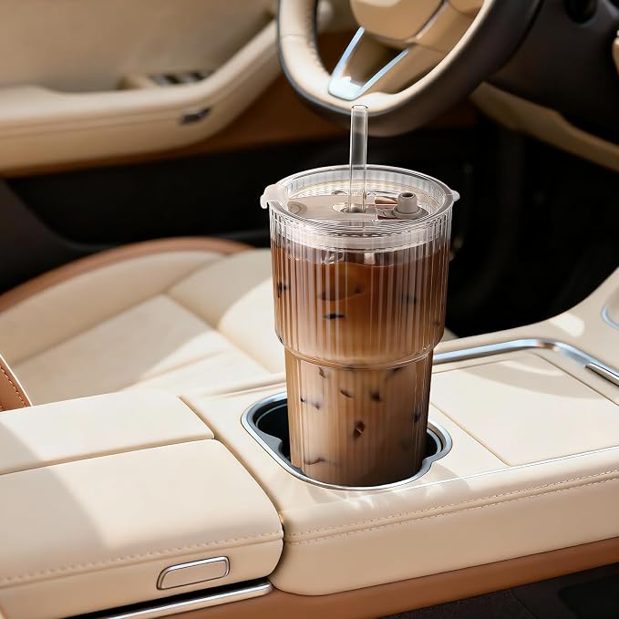 Iced Coffee Cups with Lids: Coffee Bar Accessories - Ribbed Glass Tumbler with Straw and Lid 4Pcs - 20oz Leak Proof Tumbler - Reusable Glass Cups and Tumblers with Lid and Straws for To Go Iced Coffee - Image 6