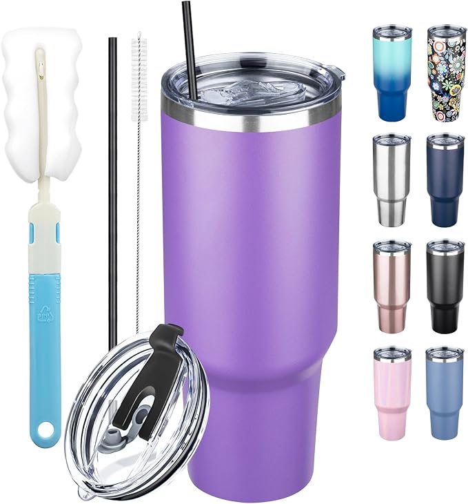 40 oz Tumbler with Lids and Straws, Stainless Steel Insulated Coffee Tumbler, Double Wall Vacuum Insulated Travel Mug Cup, Leakproof Thermal Coffee Cup for Hot and Cold Drinks (Purple) by GUDEMAO