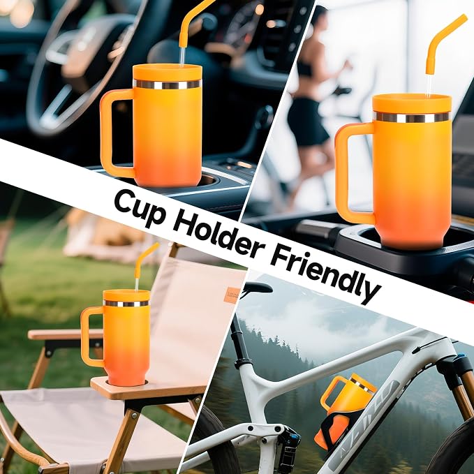 40oz Tumbler with Handle and Straw Spout 2-in-1 Lid, Spill Leak Proof Insulated Travel Cup Traveler Water Mug Keep Cold Hot, Dishwasher Safe Stainless Steel Bottle Gifts for Women Men, Ombre Orange - Image 7