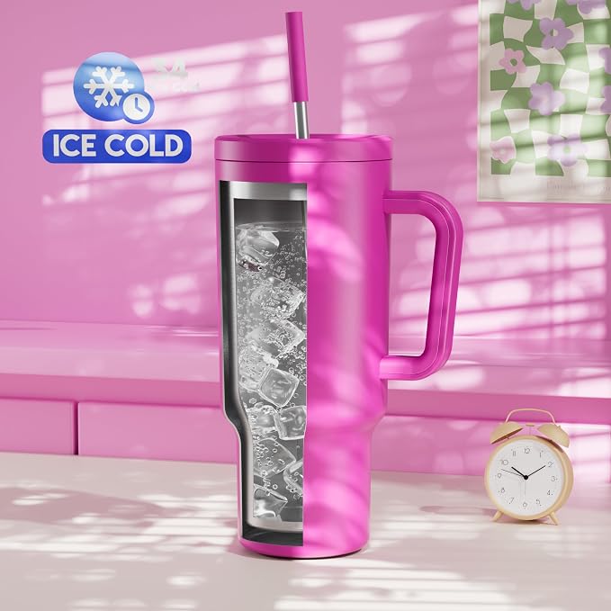 Meoky 40 oz Tumbler with Handle and Straw: Stainless Steel Insulated Tumbler with Lid and Straw - 100% Leak Proof Tumbler for Car Cup Holders - Travelers Commuters Workers, Barbie - Image 2