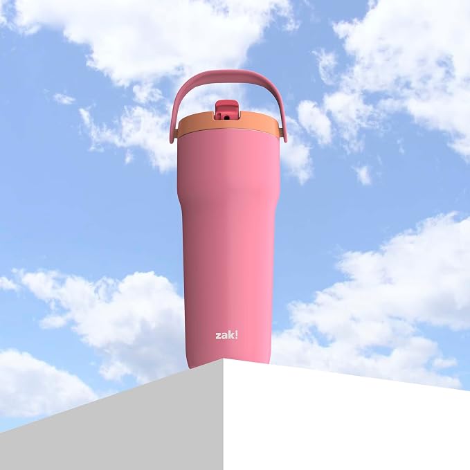 Zak Designs Sutton Travel Tumbler for On the Go, 30oz Stainless Steel with Vacuum Insulation, Straw Spout, Carry Handle for Cold Drinks (So Sweet Pink) - Image 8
