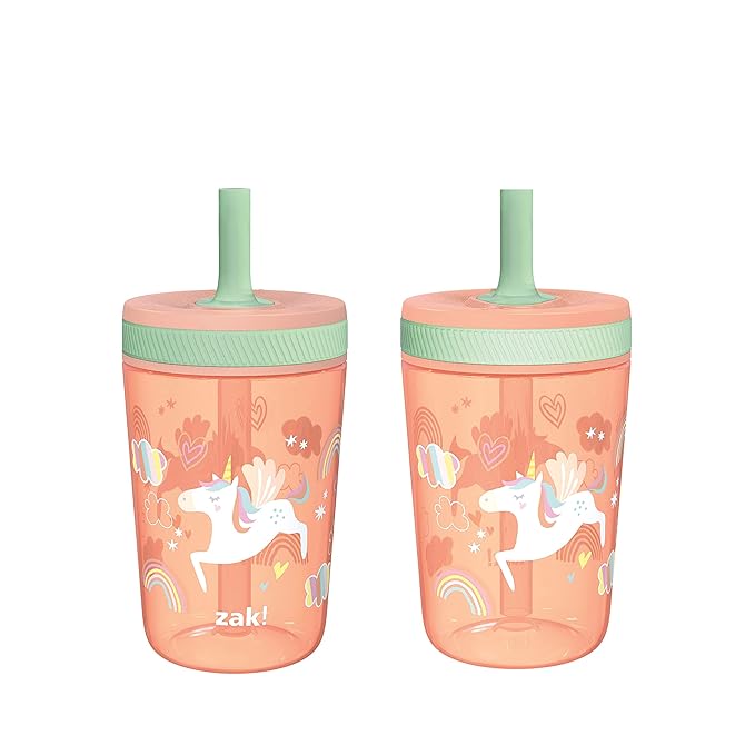 Zak Designs Kelso Tumbler Set 15 oz, (Unicorn) Leak-Proof Screw-On Lid with Straw Made of Durable Plastic and Silicone, Perfect Cup Bundle for Kids (2pc Set) by ZakDesigns