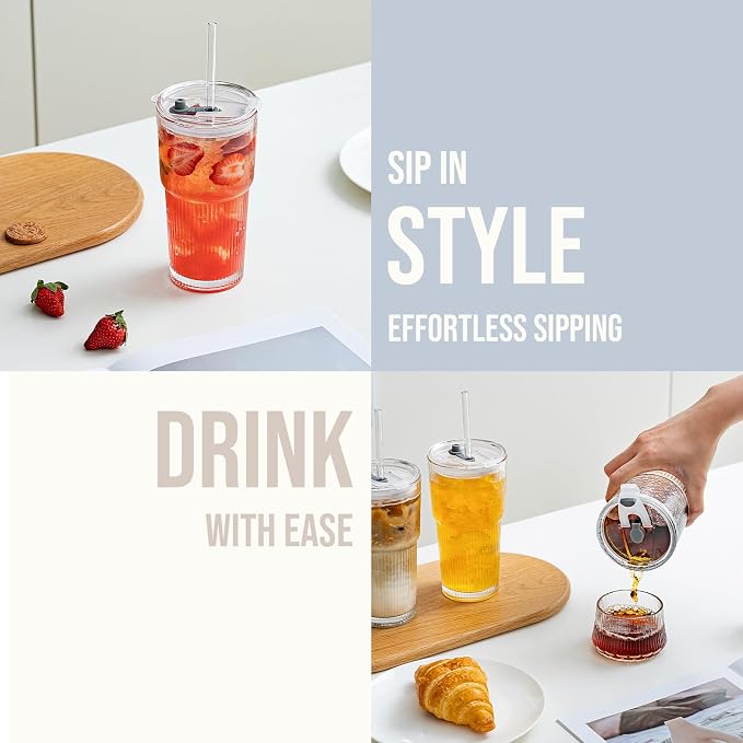 20oz Glass Tumblers with Lids and Straws, Set of 4 - Stylish Ribbed Design Drinking Glasses for Iced Coffee Cups, Juice, Smoothies, Cold Beverages, Includes Cleaning Brush, Durable Glassware - Image 7
